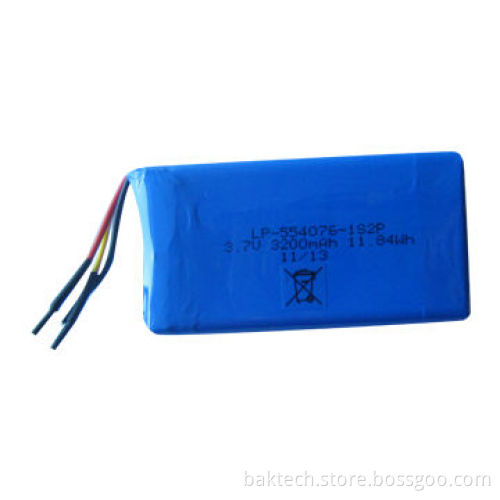 Li-polymer Battery, 3.7V, 3,200mAh, 1S2P, 554076 Cell with PCM and 10K NTC, Lead-out Three Wires